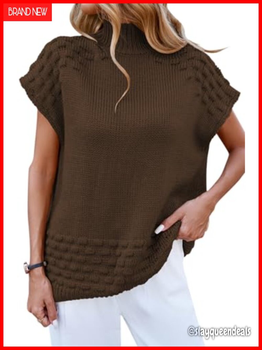 Oversized Mock Neck Sweater Vest Cap Sleeve Knit Pullover